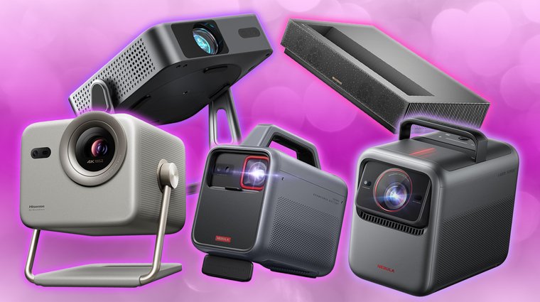 A collection of projectors including Hisense, Anker Nebula, Voplls, and Formovie Cinema Edge models arranged on a solid pink background.