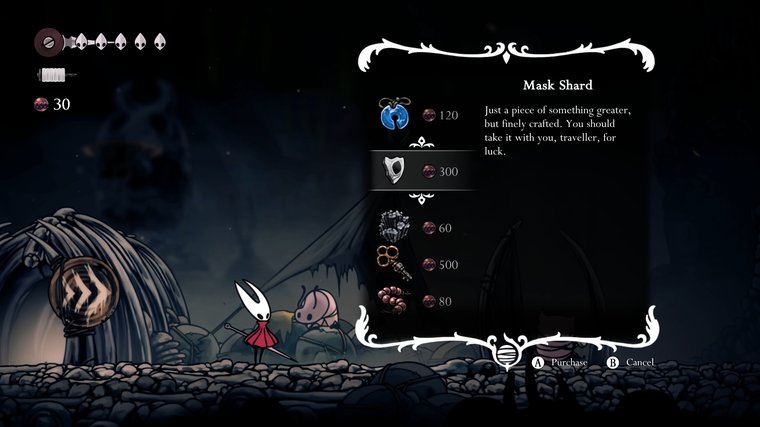 Hollow Knight: Silksong buying a mask shard.