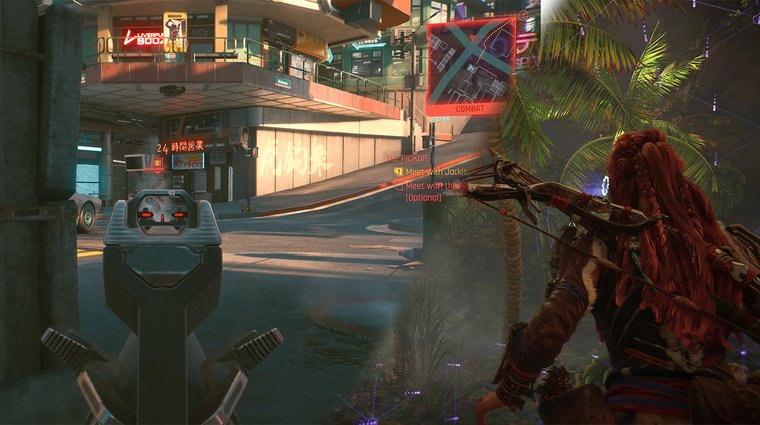 Gameplay footage of Cyberpunk 2077 and Horizon Forbidden West.