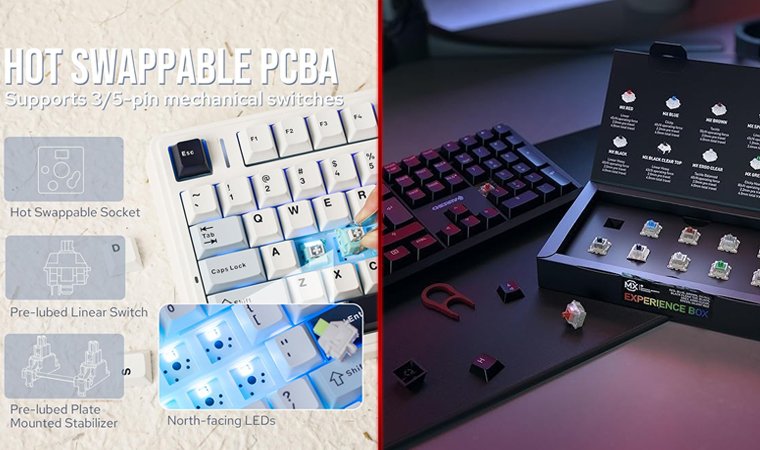 Hot-swappable keyboard on the left; Cherry MX switch tester kit on the right, separated by a vertical bar.