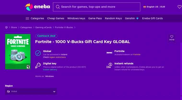 A V-Bucks gift card displayed on the Eneba website