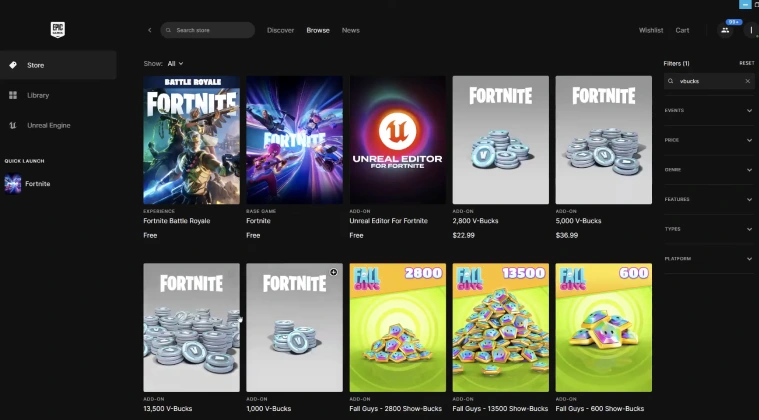 An Epic Games webpage displaying different options for buying V-Bucks