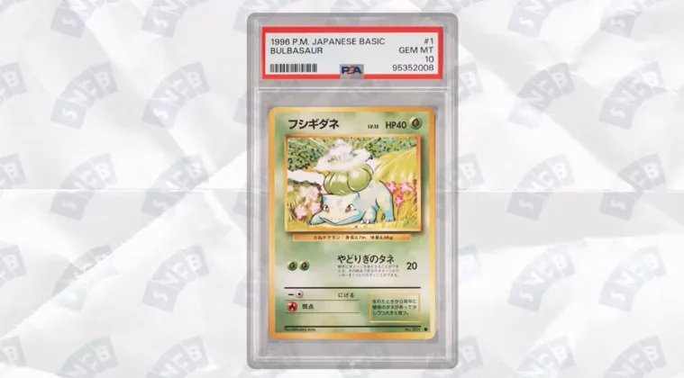 A Pokémon card in the center with a PSA grading label