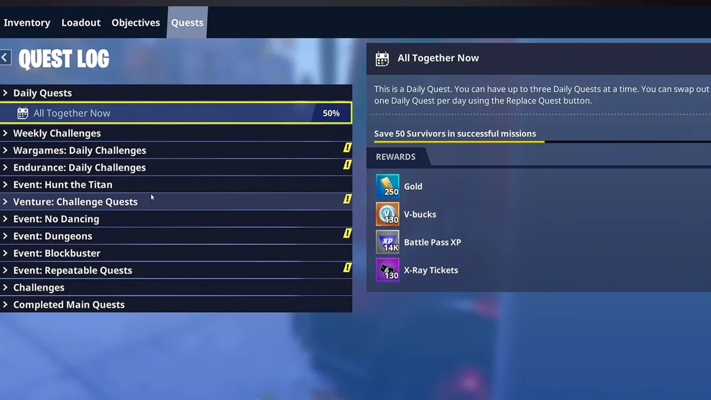 Save the World mission board showing daily quests