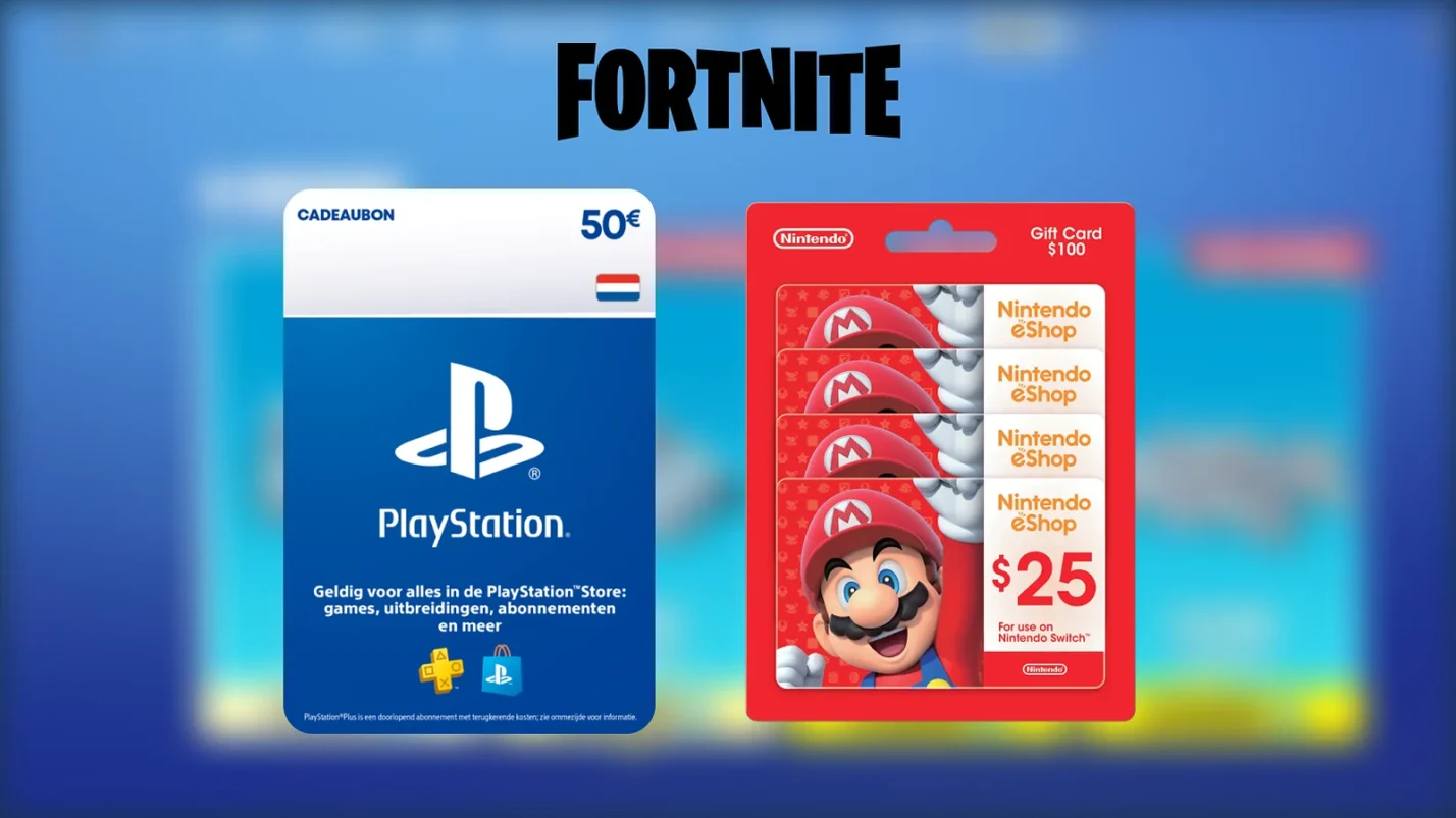 Side-by-side image of a PlayStation Store gift card and Nintendo eShop gift card
