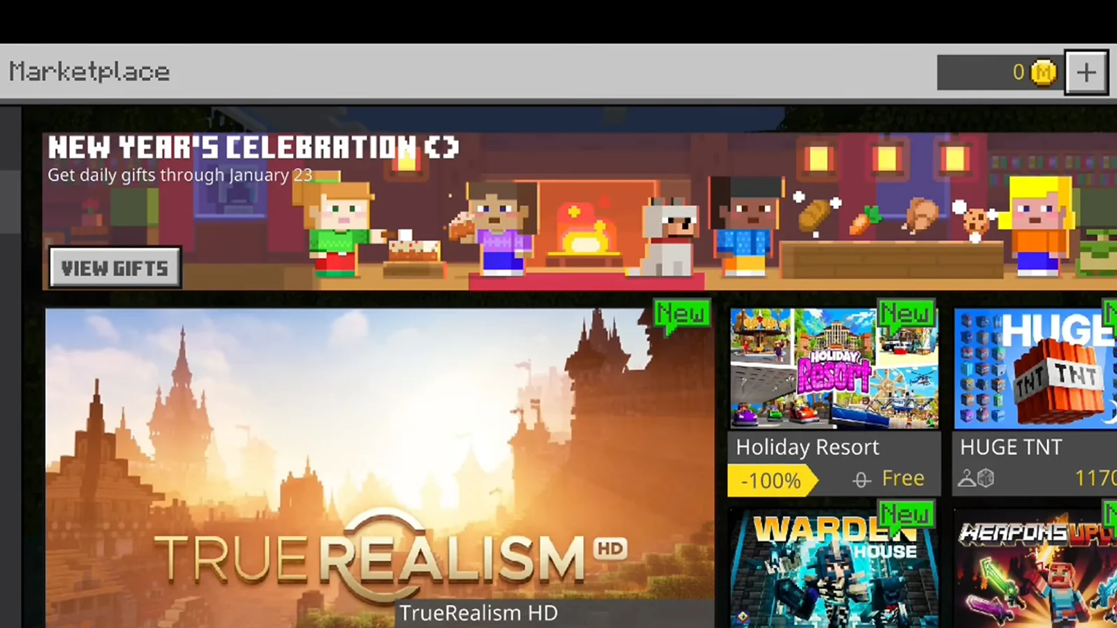 Minecraft Marketplace screen showing available worlds, skins, and content packs