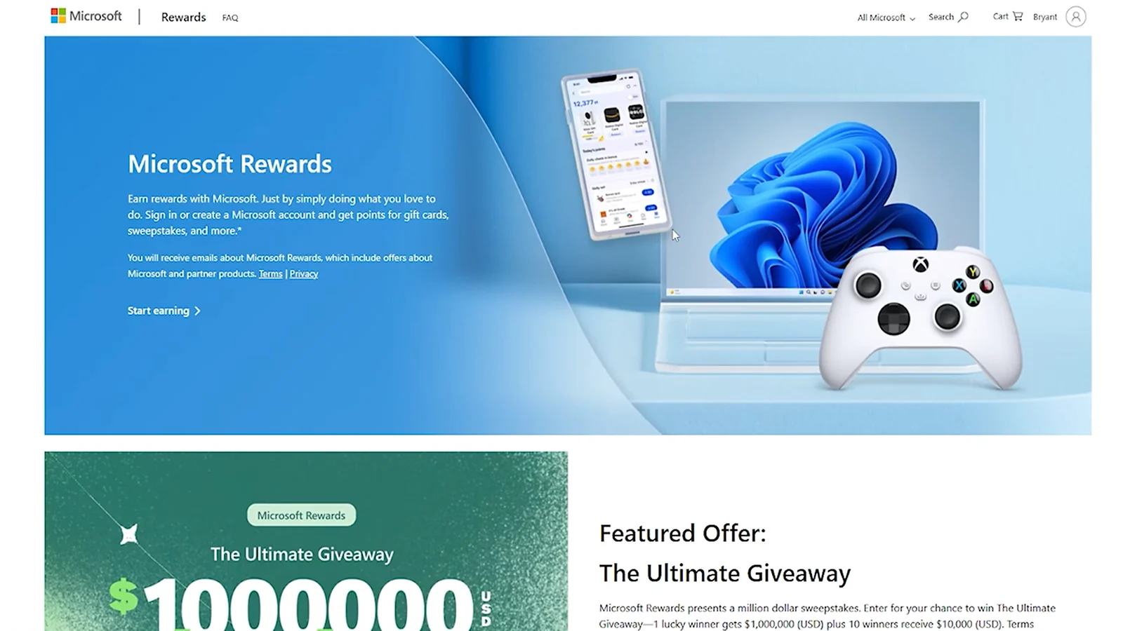 Microsoft Rewards main dashboard showing points, offers, and earning options
