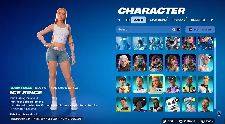 A Fortnite character on the left with a character selection menu on the right