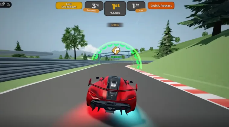 In-game scene showing a car driving down the road from a rear view