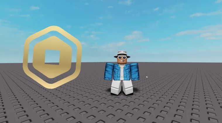 Roblox character standing next to the Robux logo