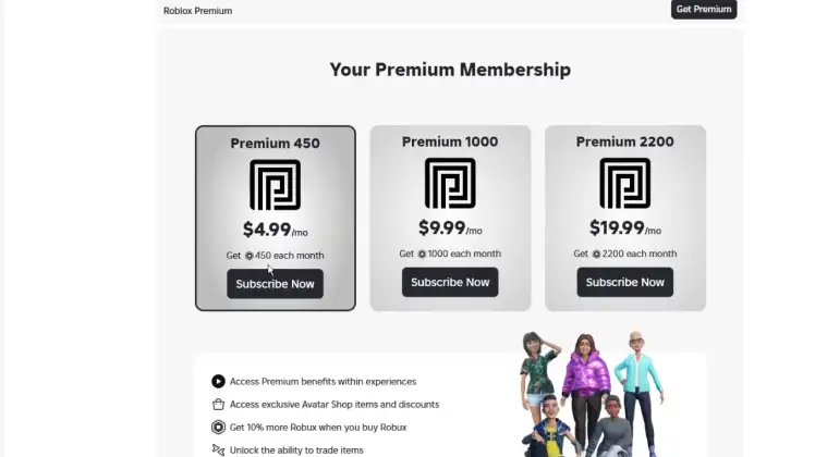Roblox subscription plan selection screen
