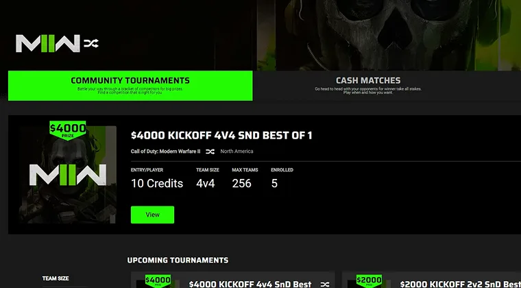 Webpage displaying Call of Duty community tournaments