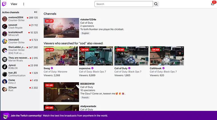 Twitch showing different channels