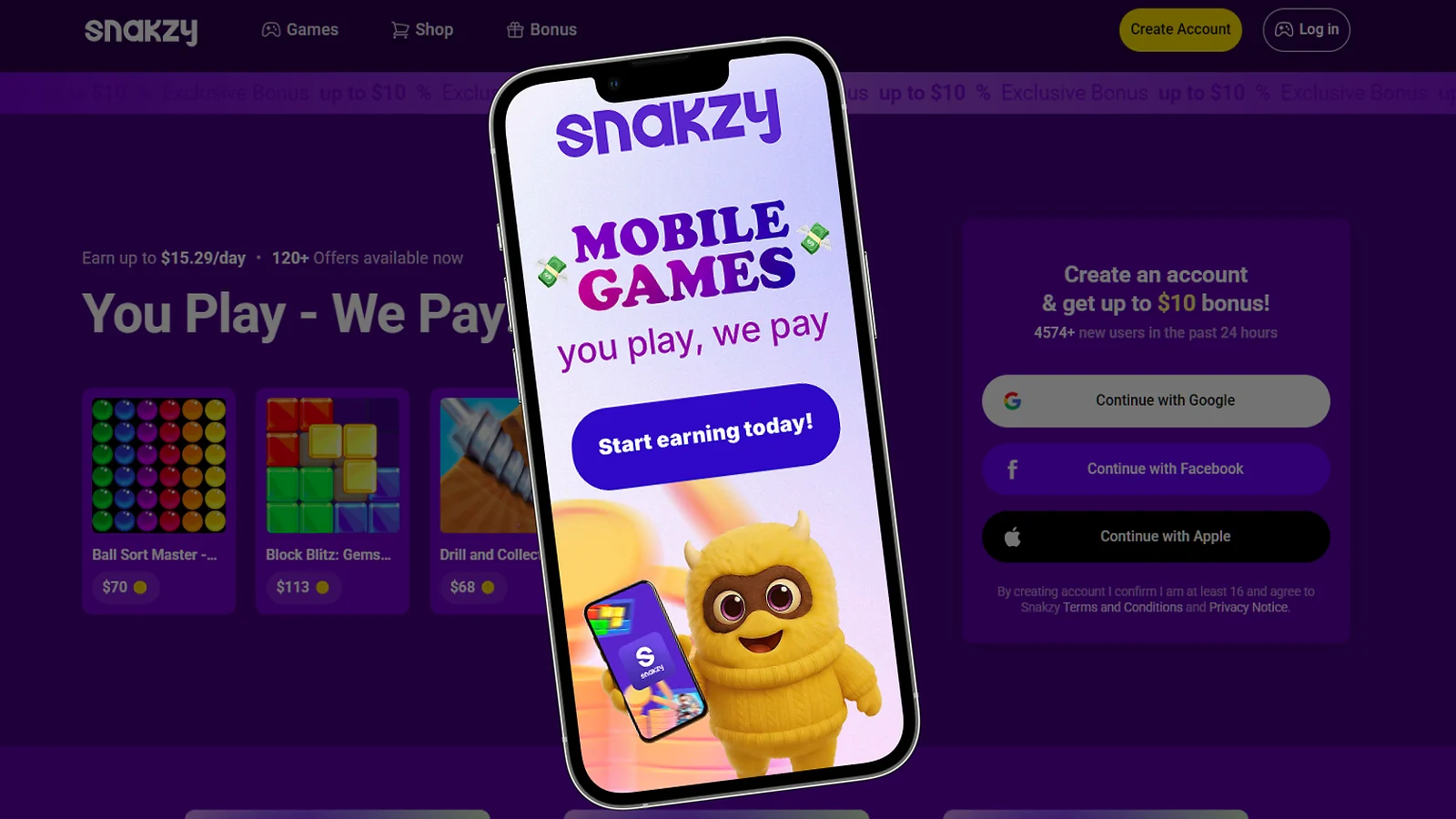 Snakzy website and Snakzy banner displaying on the phone