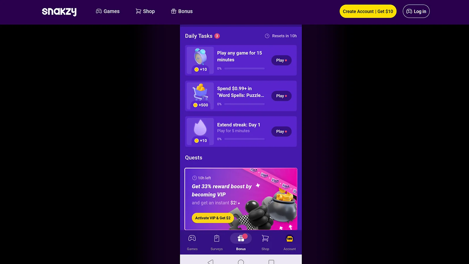 Snakzy app displaying daily tasks