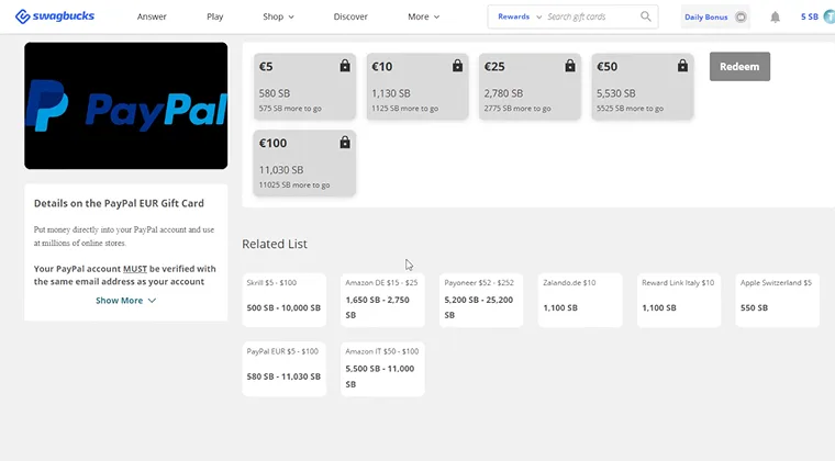 Swagbucks page displaying PayPal as a reward redemption option