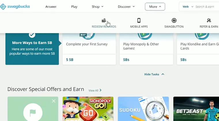 Website screenshot with a cursor pointing at the ‘Redeem Rewards’ button