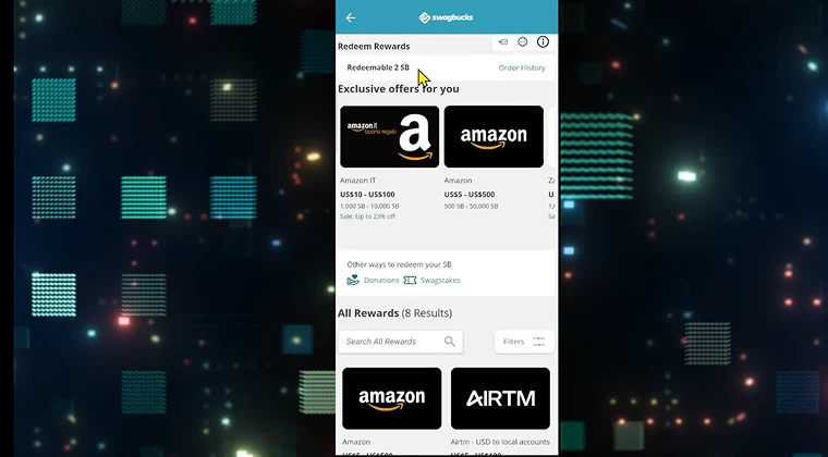 Screenshot of the Swagbucks mobile app interface showing earning options and rewards