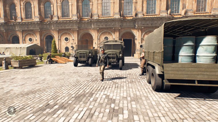 Indiana Jones and the Great Circle army trucks and a soldier in the street.