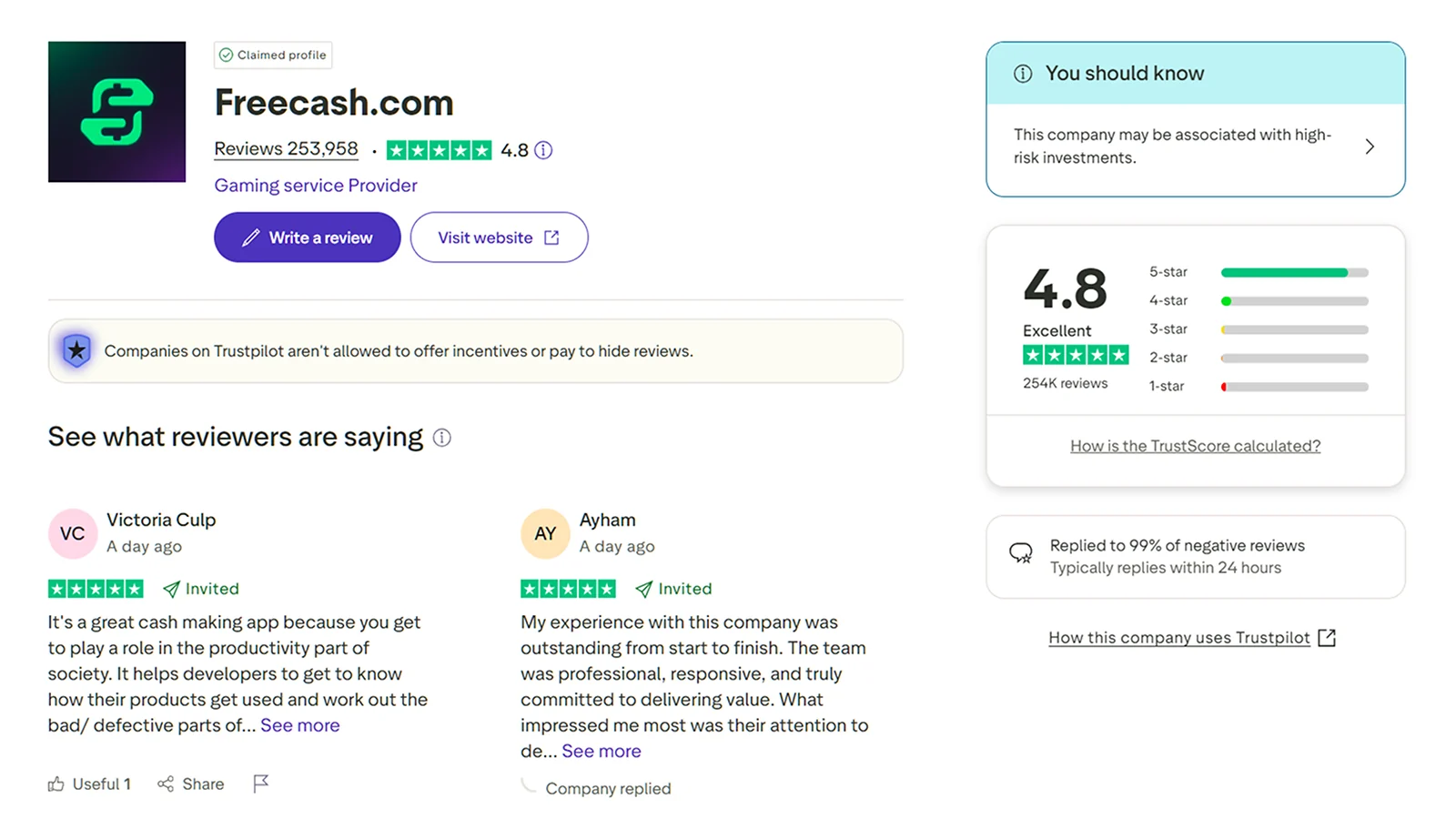 Freecash reviews displayed on Trustpilot
