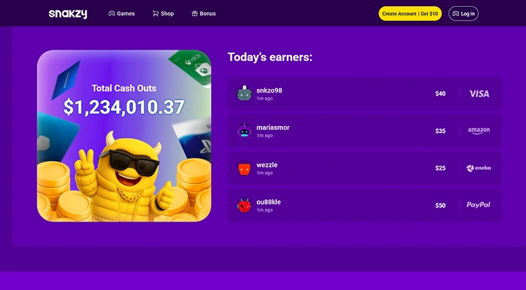 Snakzy website page displaying today’s earnings