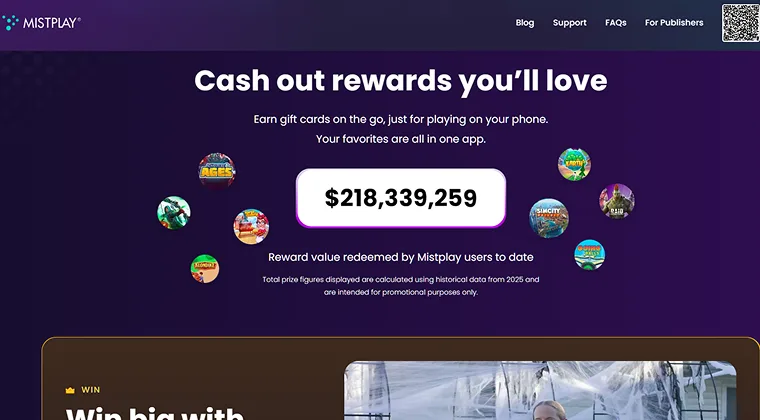 Mistplay website homepage showcasing game rewards and features
