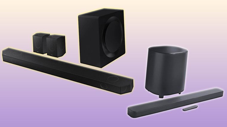 JBL Bar 500MK2 and Samsung HW Q990D soundbars with subwoofers.