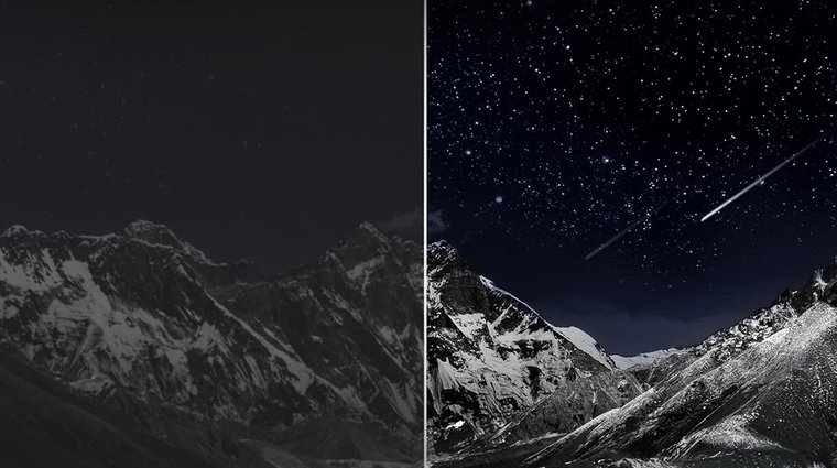 LG 65 inch Class OLED TV black screens with stars and a mountain separated by a vertical bar for a comparison of black color.