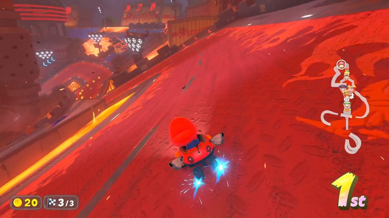 Mario Kart World Mario in the first place on a red race track.
