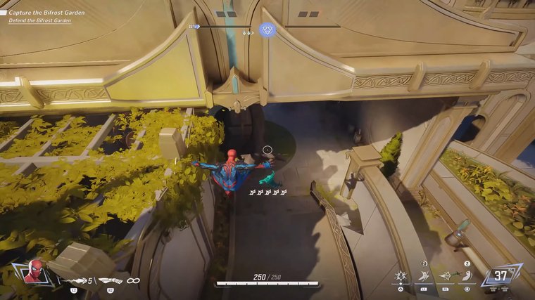 Marvel Rivals - spiderman jumping in the air near a building.