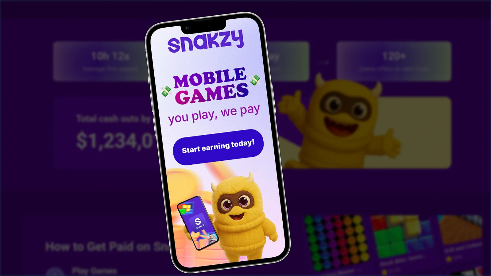Snakzy website page and Snakzy banner displaying on the phone