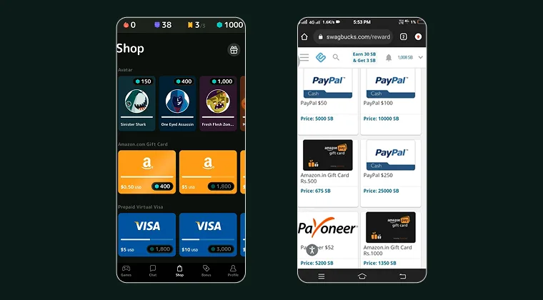 Comparison screenshots of payment methods on Mistplay and Swagbucks
