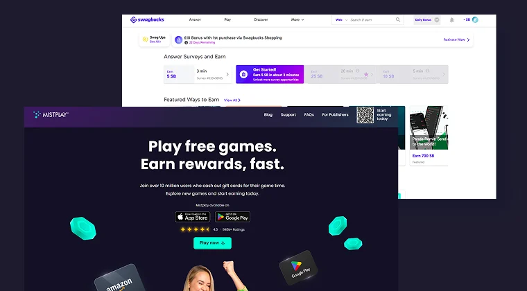 Main pages of the Mistplay and Swagbucks websites