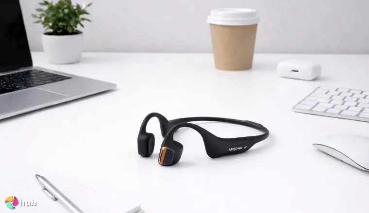 mojawa Purra Run Running Headphones on a white office desk with balanced composition for a review