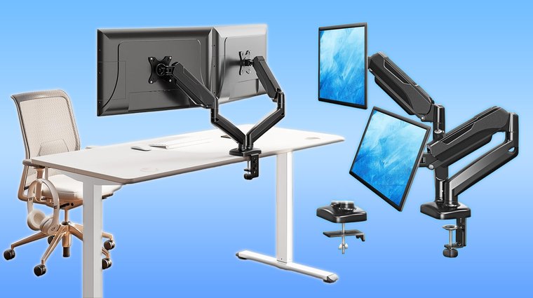 Dual-monitor setup using a Mountup stand holding two displays side by side.