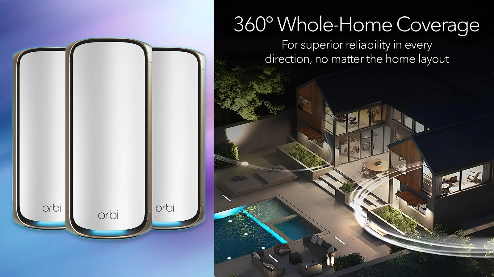 Netgear Orbi 970 Series Quad-Band WiFi 7 mesh system with 360-degree whole-home coverage graphic