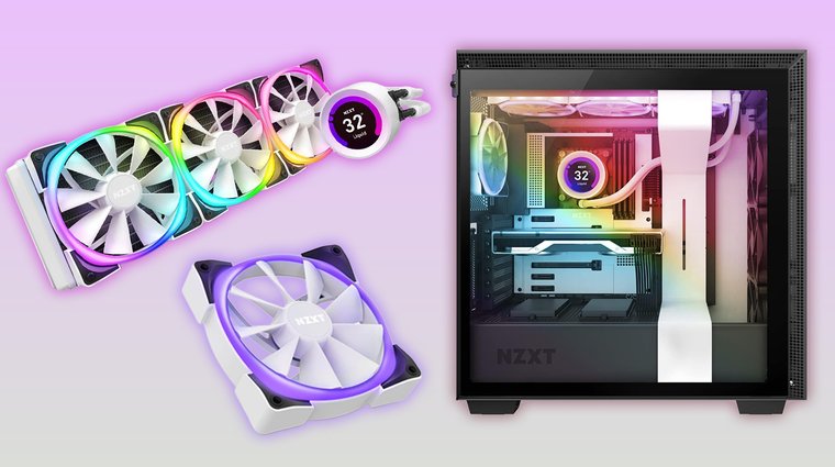 NZXT Kraken Z73 RGB white liquid cooler, RGB case fans, and an NZXT PC case with the cooler installed.