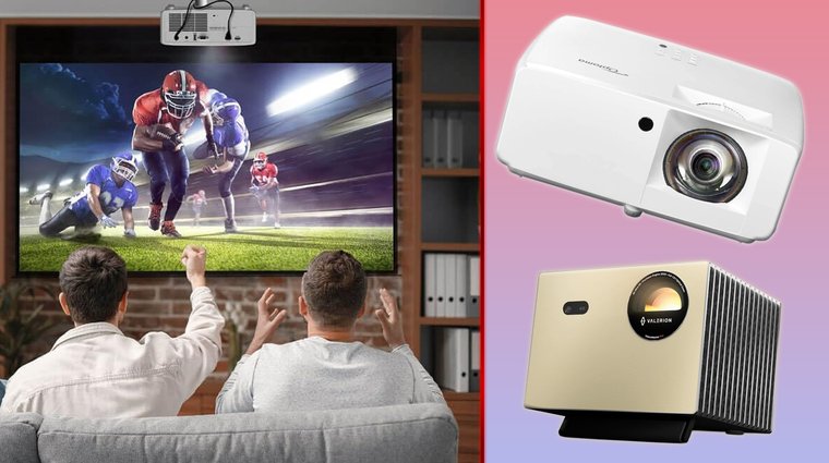 Two people watching a projected football game, with an Optoma GT2000HDR and a Visionmaster Pro 4K projector shown on the right.