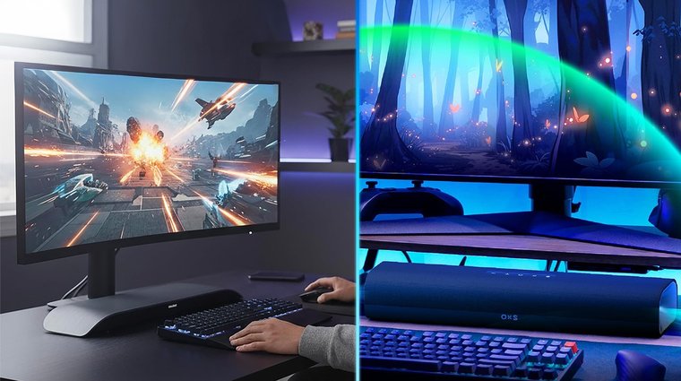 Two under-monitor soundbars: BlueAnt Soundblade on the left and OXS Thunder Lite on the right, shown beneath gaming monitors, separated by a vertical blue line.