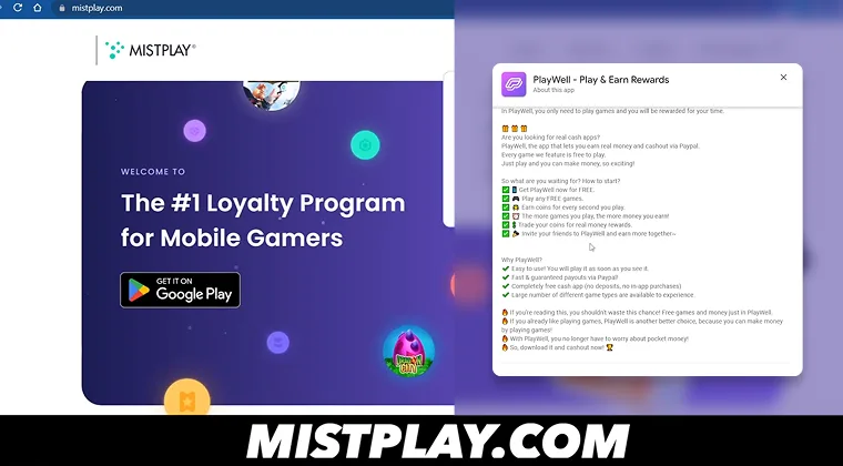 Mistplay website and information about the Playwell app displayed on the right side