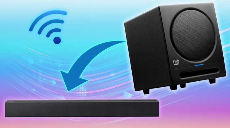 Presonus Eris sub 8bt subwoofer that has wireless pairing, with an arrow leading to a soundbar and a Wi-fi symbol above.