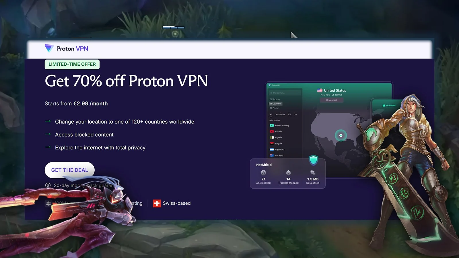 Proton VPN - Best VPN for League of Legends With a No-Cap Free Version