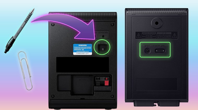 Samsung Q-Series soundbar HW-Q990F and Samsung 9250S wireless pairing, showing the ID SET button circled in green neon with a paperclip or pen tip ready to press it.