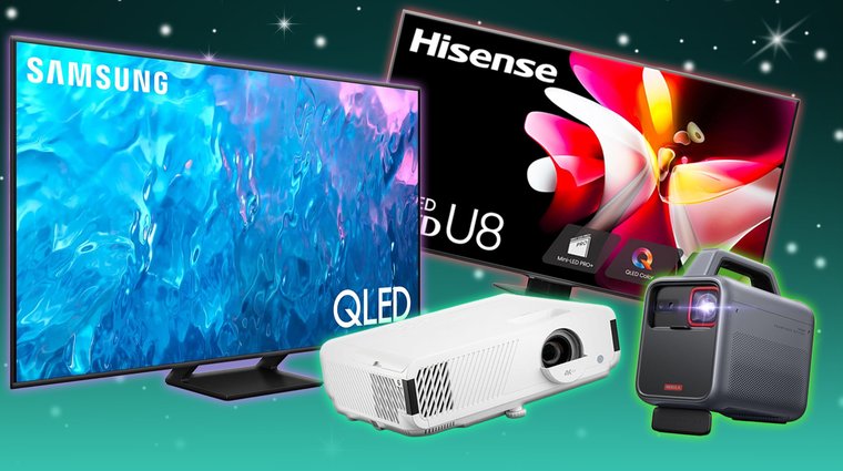 Samsung and Hisense TVs alongside Nebula Mars 3 and ViewSonic PX749 projectors.