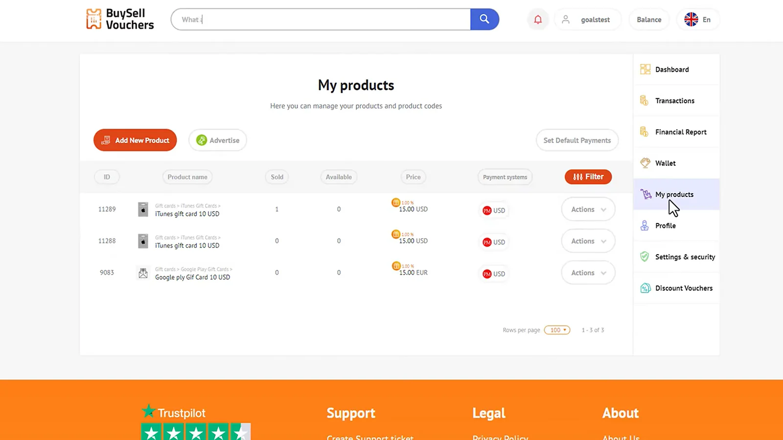 BuySellVouchers website - my products page