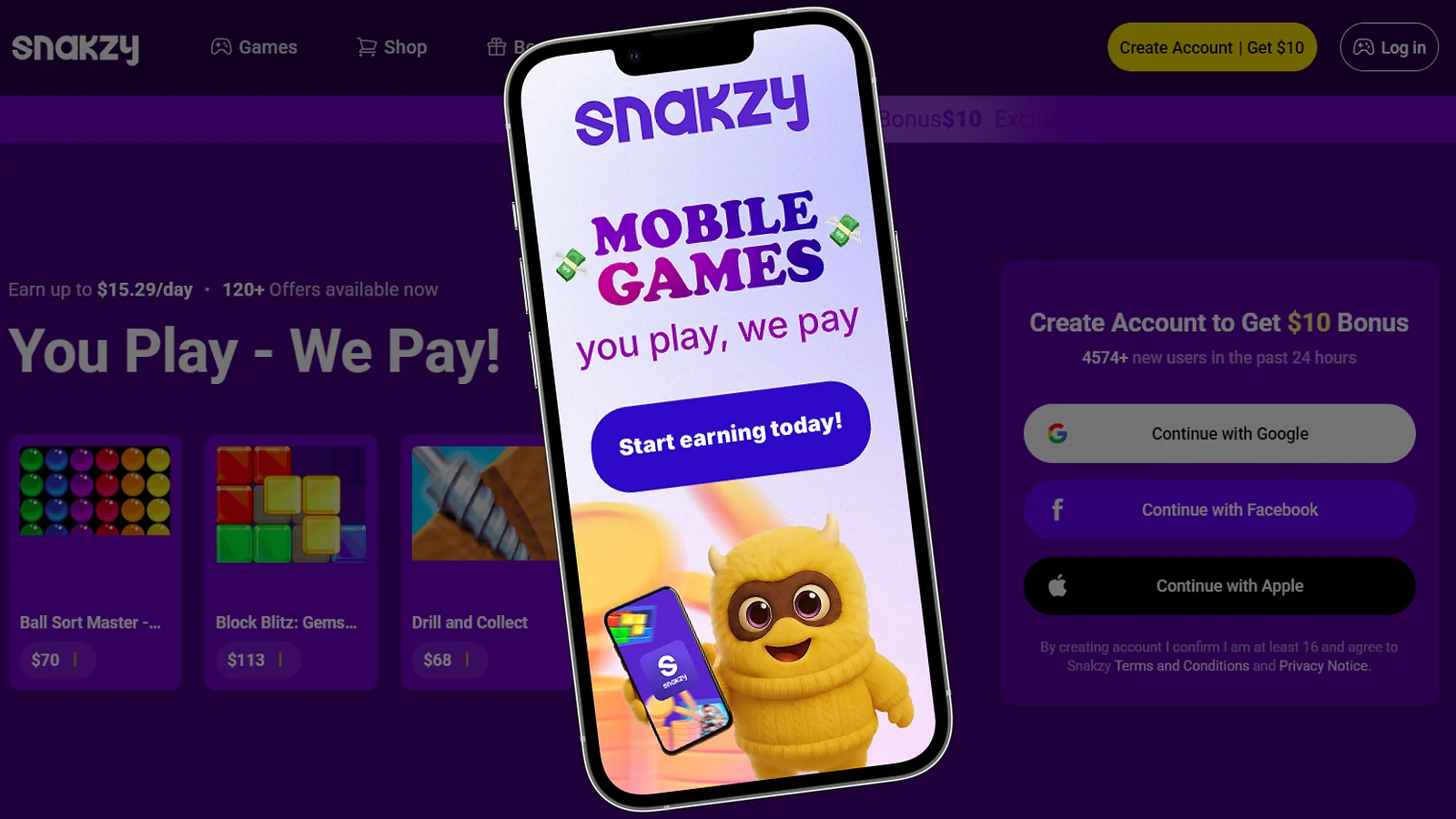 Snakzy website and snakzy banner displaying on the phone
