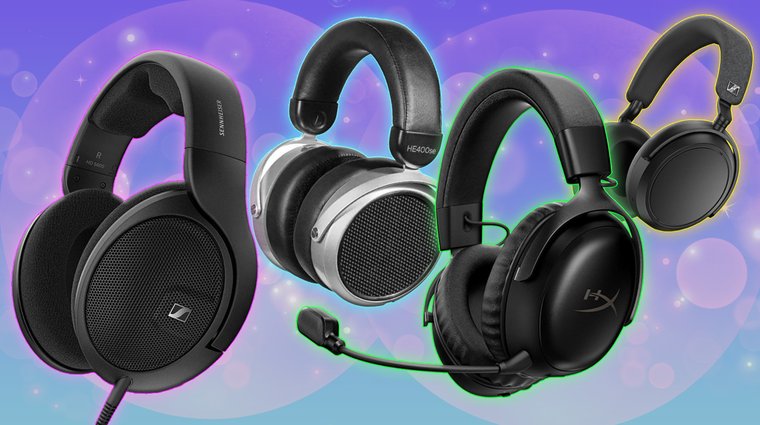 Sennheiser HD 560 S, HiFiMAN HE400se, HyperX Cloud III S and Sennheiser Momentum 4 headphones displayed together on a colorful gradient background.