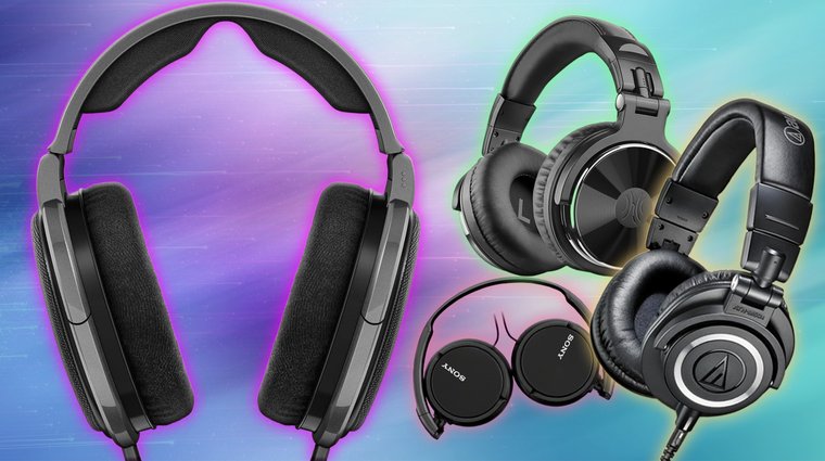 Sennheiser HD 650, Beyerdynamic DT-990 PRO, Oneodio PRO 10 and Sony ZX series on a bright background.