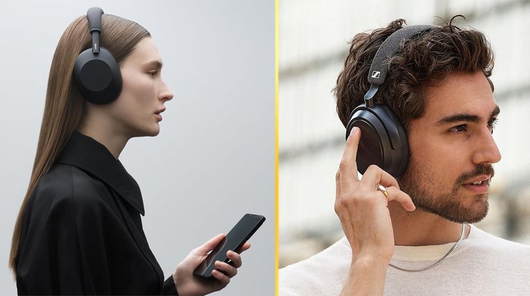 Side-by-side image of two people wearing over-ear headphones while on calls: a woman holding a smartphone and a man adjusting his headphones, highlighting built-in microphones for voice calls.