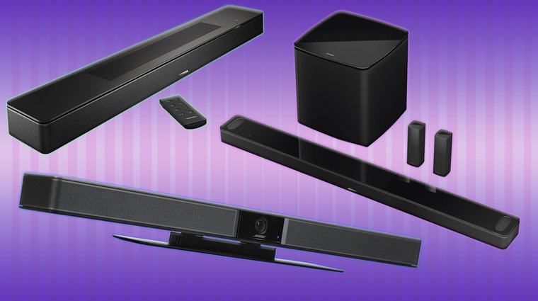 Bose Smart Soundbar, Bose Smart Ultra and Bose Videobar VB1 on a purple background.